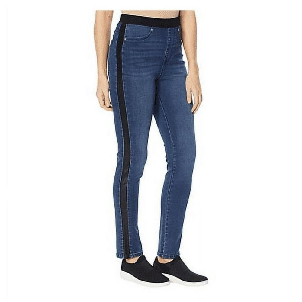 DG2 BY DIANE GILMAN FAUX LEATHER SIDE STRIPE INDIGO PULL-ON JEANS (MP)